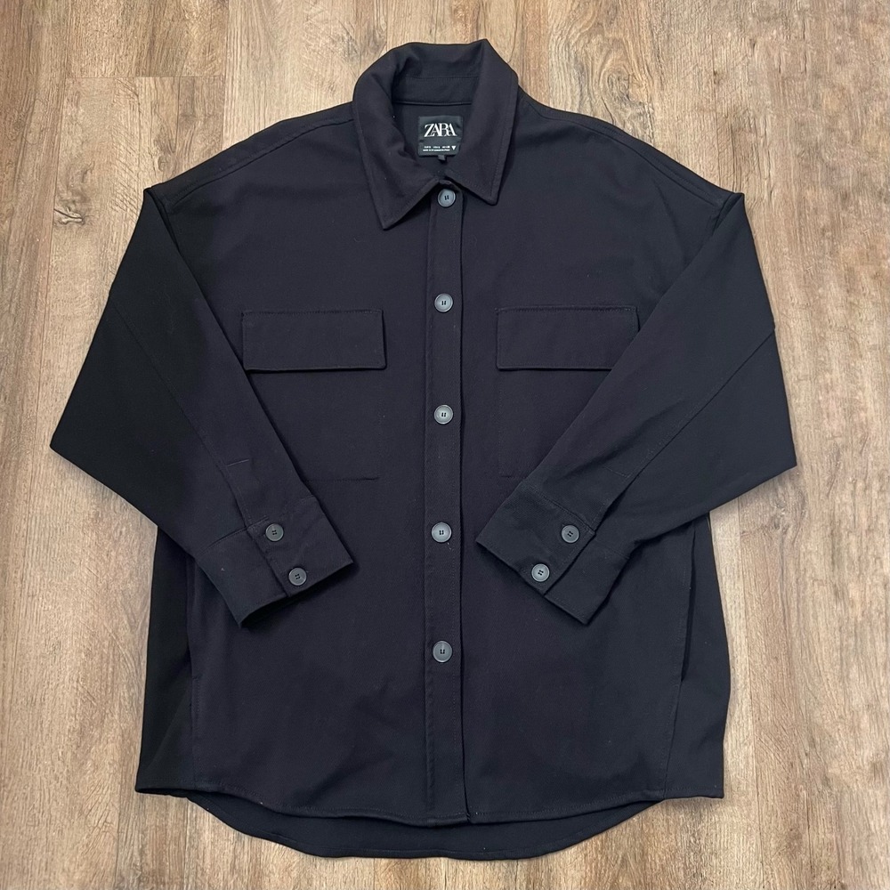 Zara Man Black Oversized Shacket Button Front Twill Overshirt Small 4391/728/800